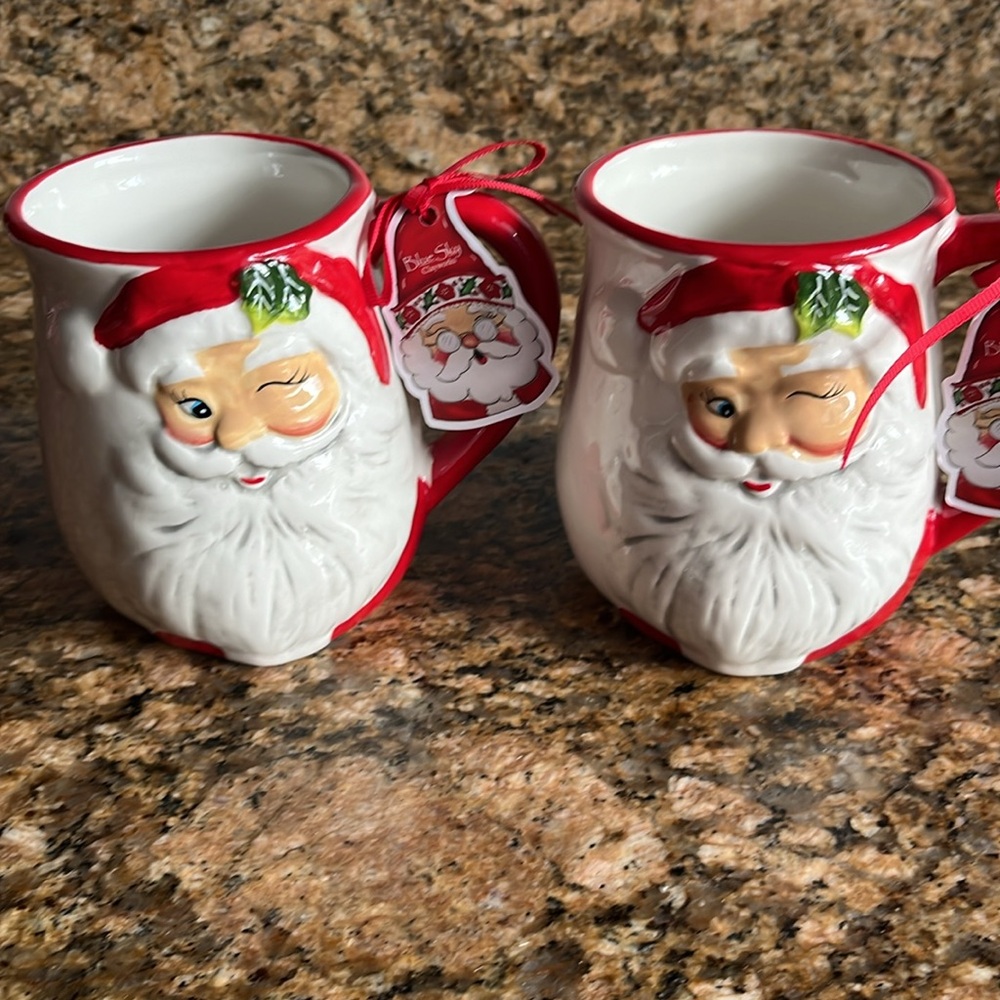 🎅NEW Blue Sky Clayworks Glossy 3D Winking Santa Face Mugs Set Of 2